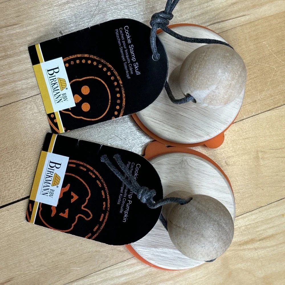 Birkman Halloween Cookie Stamper Skull Pumpkin Wooden‎ Handle Lot Of 2 Baking